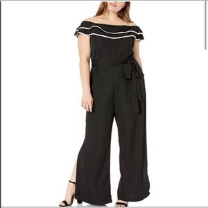 City Chic Festive Demure Ruffled Plus Elegant Black Off-Shoulder Jumpsuit